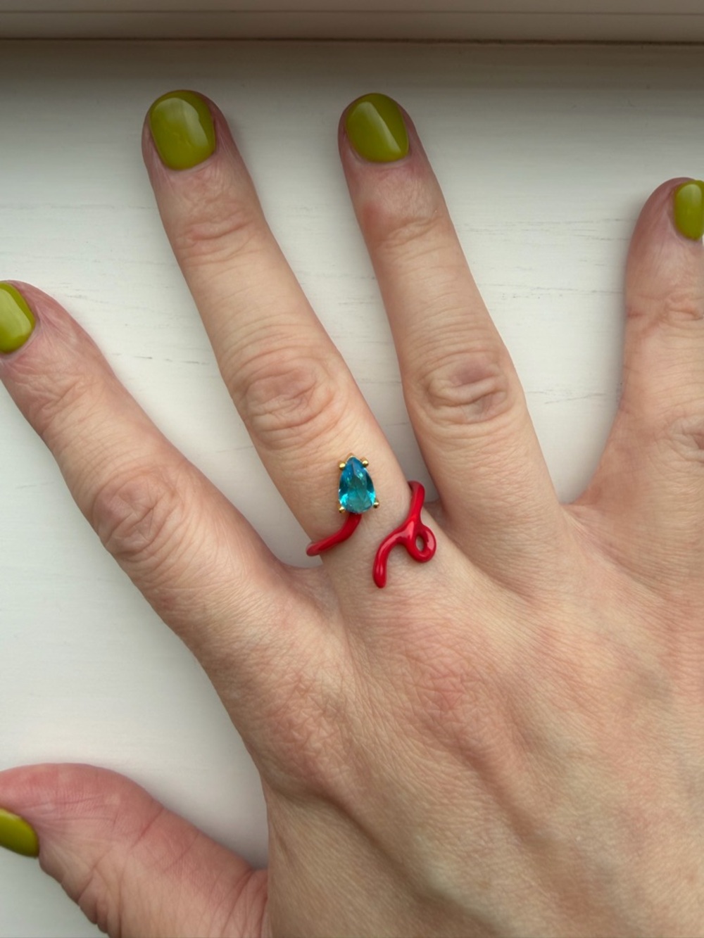 Adjustable Blue Teardrop Crystal Open Snake Ring with Red Enamel Band